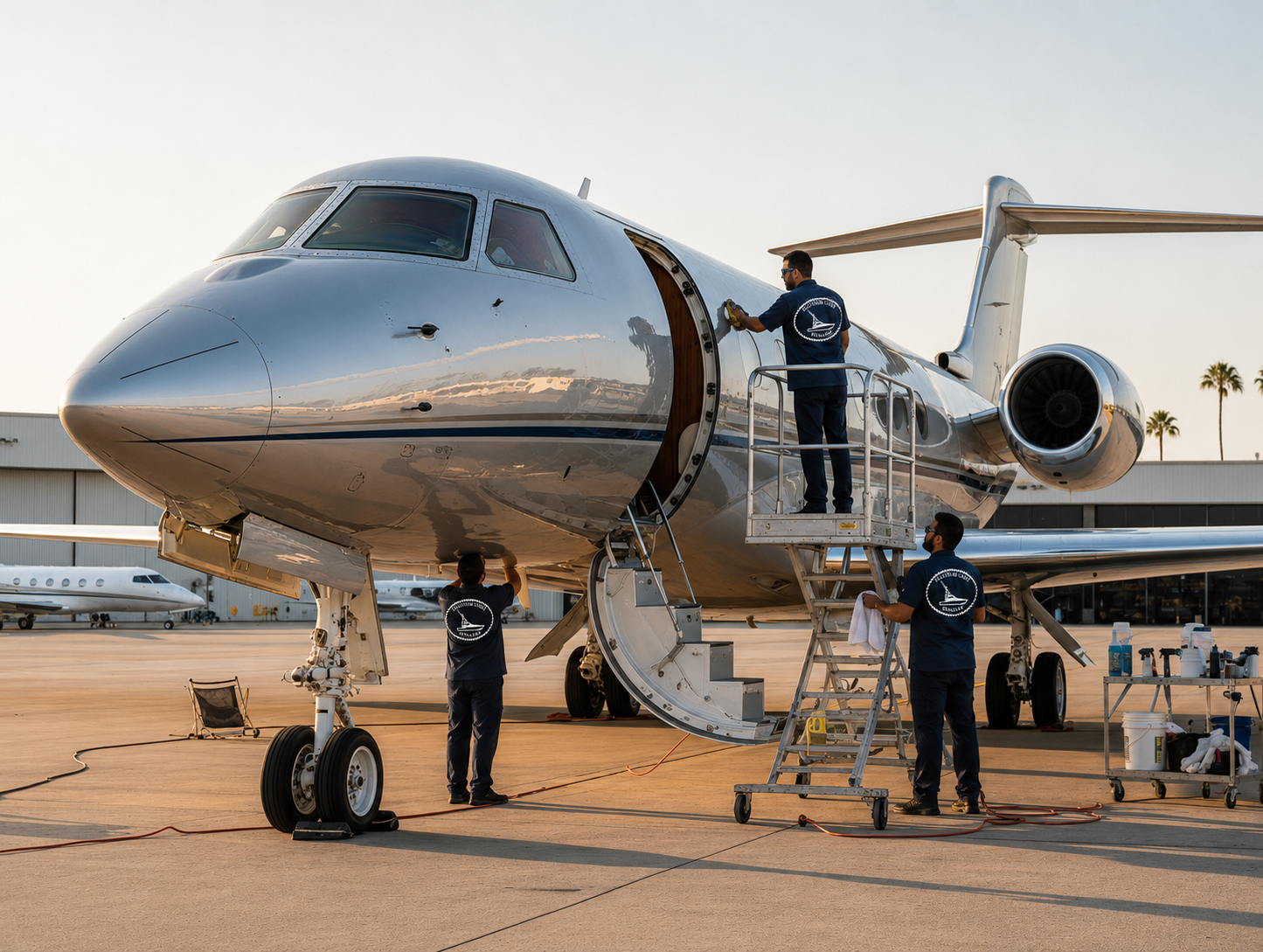 Three Platinum Coast Detailers technicians working on a Gulfstream jet at golden hour on the tarmac in Southwest Florida