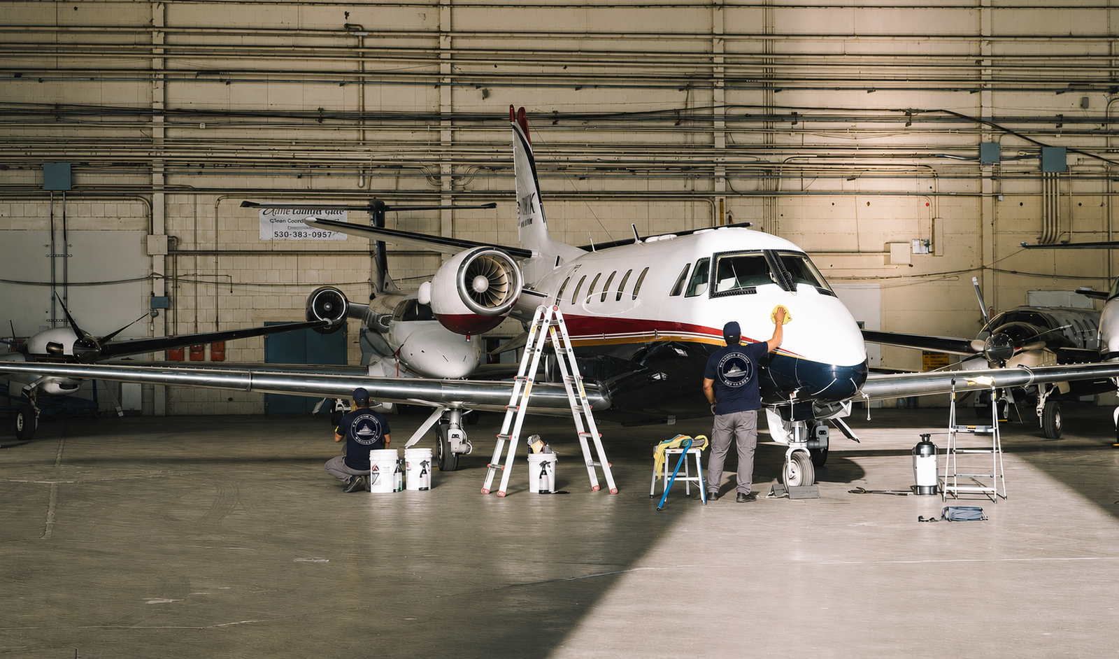 Platinum Coast Detailers technicians detailing a Citation jet inside a Naples, Florida hangar