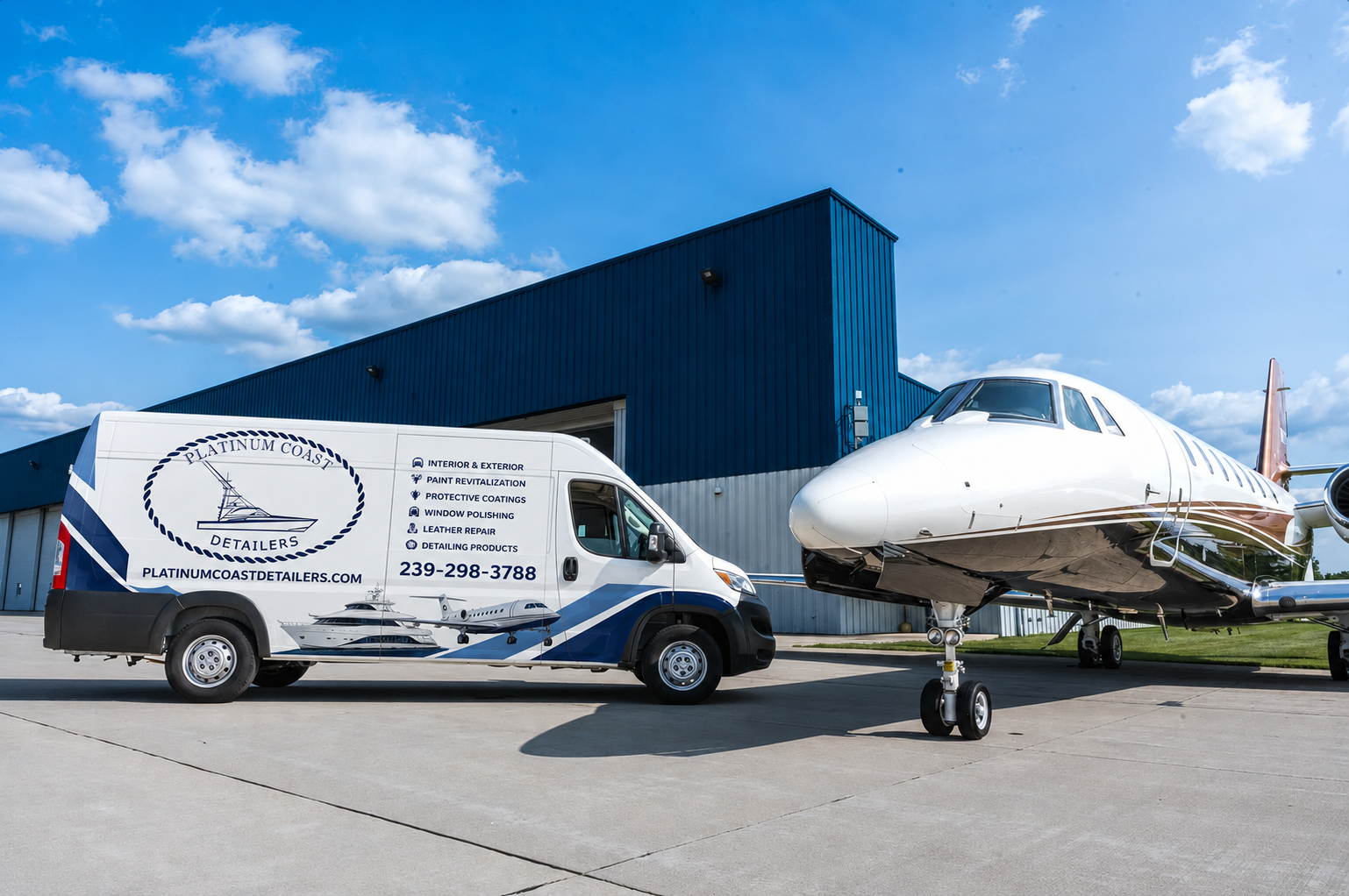 Platinum Coast Detailers mobile service van parked beside a private Cessna jet at a Naples, Florida hangar